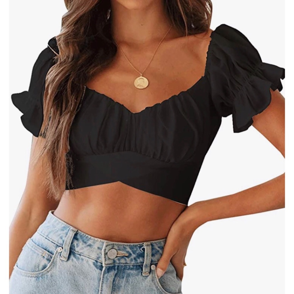 Ruffle Short Sleeve Tie Up Back Crop Top